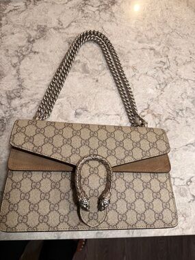 Gucci Beige Brown GG Supreme Dionysus Shoulder Bag with Silver Hardware